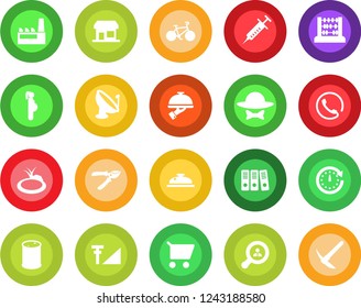 Round color solid flat icon set - abacus vector, pruner, pond, syringe, bike, pregnancy, oil barrel, satellite antenna, cellular signal, paper binder, client search, phone, factory, reception, clock