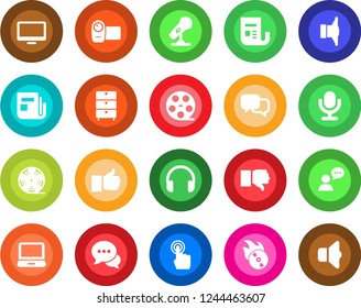 Round color solid flat icon set - reel vector, archive chest, flame disk, microphone, news, speaker, video camera, touch screen, dialog, headphones, monitor, laptop pc, finger up, down, sound