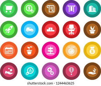 Round color solid flat icon set - seedling vector, alarm led, consumer search, gear, rocket, money bag, pennon, office chair, investment, calendar, cart, car, pedestal, contract, building, guidepost