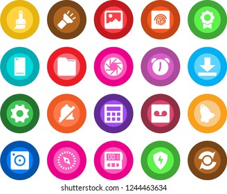 Round color solid flat icon set - phone back vector, mobile camera, gallery, protect, settings, themes, calculator, alarm, stopwatch, bell, record, folder, download, torch, mute, compass, update