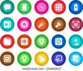 Round color solid flat icon set - phone back vector, menu, message, mobile camera, protect, scanner, folder, torch, mute, brightness, cut, compass, eye id, fingerprint, video, charge, sertificate