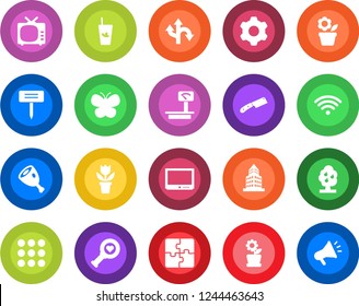 Round color solid flat icon set - flower in pot vector, butterfly, plant label, heart diagnostic, route, heavy scales, tv, menu, settings, application, office building, fruit tree, wireless, ham