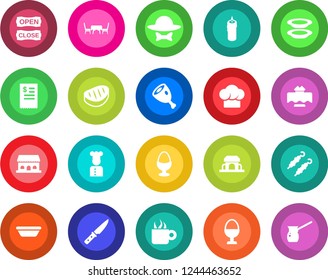 Round color solid flat icon set - cook vector, restaurant table, hat, coffee, plates, egg stand, cafe building, candle, dress code, open close, receipt, steak, kebab, ham, bowl, knife, turkish