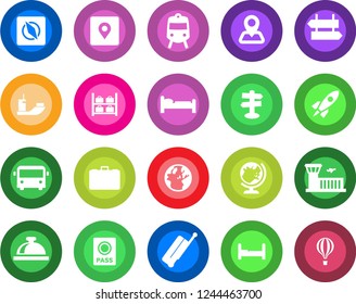 Round color solid flat icon set - suitcase vector, airport bus, train, signpost, reception bell, passport, globe, bed, luggage storage, building, case, navigation, sea shipping, place tag, compass