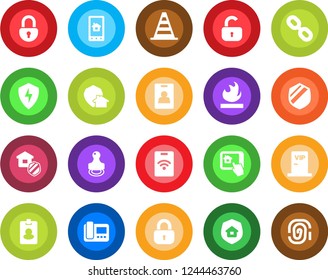 Round color solid flat icon set - border cone vector, shield, flammable, chain, protect, lock, identity card, stamp, estate insurance, vip zone, intercome, home control app, pass, fingerprint
