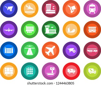 Round color solid flat icon set - plane vector, runway, arrival, airport bus, train, seat map, building, wheelbarrow, railroad, sea shipping, truck trailer, container, consolidated cargo, moving