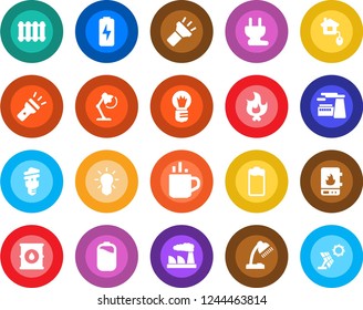Round color solid flat icon set - hot cup vector, bulb, factory, fire, oil barrel, battery, torch, charge, desk lamp, home control, power plug, water heater, radiator, energy saving, sun panel