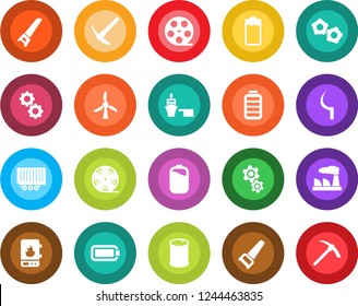 Round color solid flat icon set - gear vector, factory, saw, sickle, truck trailer, sea port, oil barrel, reel, battery, water heater, windmill, hard work