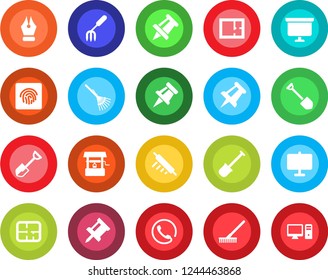 Round color solid flat icon set - presentation board vector, drawing pin, job, garden fork, shovel, rake, well, fingerprint id, ink pen, plan, phone, rolling, pc