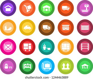 Round color solid flat icon set - baggage trolley vector, railroad, sea shipping, cargo container, car delivery, port, consolidated, warehouse storage, up side sign, heavy scales, rack