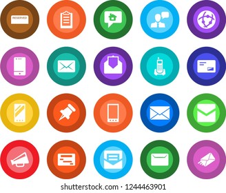 Round color solid flat icon set - mail vector, office phone, loudspeaker, cell, speaker, paper pin, mobile, network, clipboard, reserved, home message, schedule