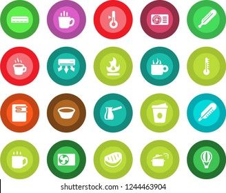 Round color solid flat icon set - coffee vector, fire, thermometer, air conditioner, steak, bowl, steaming pan, turkish, water heater, balloon