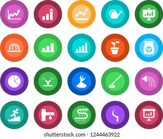 Round color solid flat icon set - growth statistic vector, seedling, watering can, sproute, hoe, sickle, greenhouse, fertilizer, drip irrigation, bar graph, pie, point, career ladder, presentation