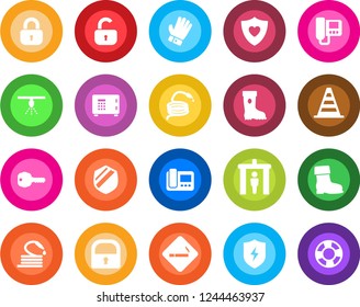 Round color solid flat icon set - security gate vector, smoking place, border cone, safe, glove, boot, hose, heart shield, protect, lock, key, intercome, sprinkler, crisis management