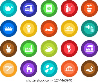 Round color solid flat icon set - factory vector, flower in pot, seedling, watering can, pruner, greenhouse, seeds, pond, garden sprayer, fertilizer, tulip, eco house, palm sproute