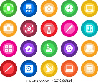 Round color solid flat icon set - antenna vector, camera, calculator, pen, notebook pc, clock, satellite, laptop, radio phone, mobile, sim, face id, eye, smart home, web