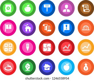 Round color solid flat icon set - contract vector, plant label, greenhouse, pond, fertilizer, important flag, application, point graph, fruit tree, estate agent, apple, eco house, money bag
