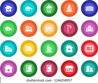 Round color solid flat icon set - house vector, garden light, hospital, store, office building, with garage, fence, plan, eco, door