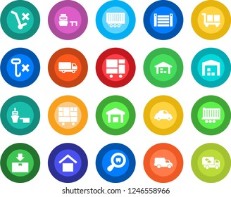 Round color solid flat icon set - truck trailer vector, car delivery, sea port, container, consolidated cargo, warehouse storage, no trolley, hook, package, search, moving