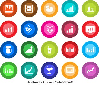 Round color solid flat icon set - growth statistic vector, monitor, barcode, equalizer, scanner, statistics, bar graph, alcohol, cocktail, phyto, beer, salad, sushi, arrow up