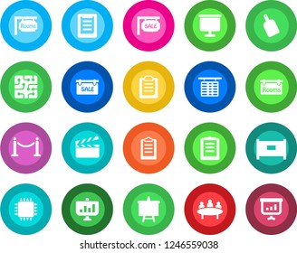 Round color solid flat icon set - fence vector, flight table, presentation board, meeting, clipboard, clapboard, sale, rooms, cutting, chip