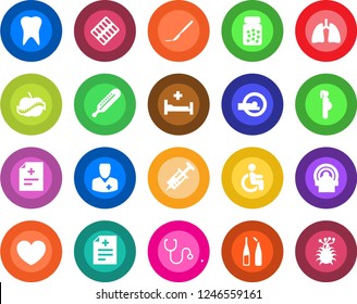 Round color solid flat icon set - heart vector, diagnosis, stethoscope, syringe, thermometer, pills bottle, blister, ampoule, scalpel, tomography, hospital bed, disabled, lungs, tooth, diet, doctor