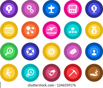 Round color solid flat icon set - departure vector, stopwatch, target, consumer search, gear, shining head, handshake, money bag, calendar, social media, hierarchy, crisis management, mail, tree