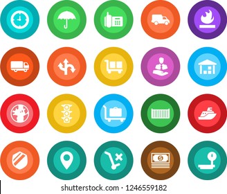 Round color solid flat icon set - baggage trolley vector, route, earth, pin, cash, traffic light, office phone, client, sea shipping, cargo container, car delivery, clock, umbrella, no, warehouse
