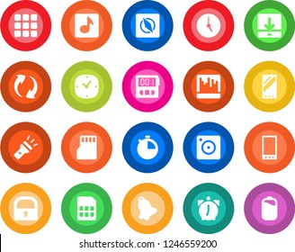 Round color solid flat icon set - mobile vector, menu, update, camera, clock, alarm, stopwatch, bell, scanner, sd, sim, download, torch, compass, lock, music, battery