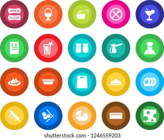 Round color solid flat icon set - cook vector, serviette, cafe, reserved, reception, cocktail, phyto bar, salad, plates, egg stand, salt and pepper, open close, restaurant receipt, bowl, rolling pin