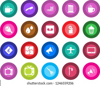 Round color solid flat icon set - tv vector, rake, garden light, record, application, pool, flower in pot, city house, restaurant table, coffee, ham, knife, water, smoke detector, advertising