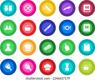 Round color solid flat icon set - cook vector, cafe, hat, menu, bacon, salt and pepper, ham, rolling pin, cutting board, knife, steaming pan