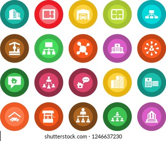 Round color solid flat icon set - hierarchy vector, well, molecule, hospital, office building, garage, plan, home message