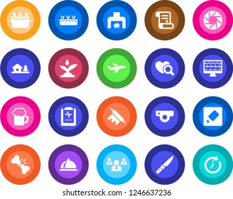 Round color solid flat icon set - team vector, meeting, contract, seedling, monitor pulse, heart diagnostic, broken bone, clipboard, plane, mobile camera, notes, house with tree, fireplace, dish
