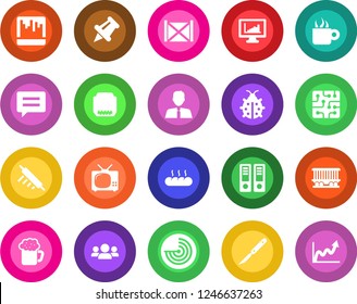 Round color solid flat icon set - radar vector, office binder, lady bug, scalpel, railroad, container, paper pin, hdmi, message, scanner, monitor statistics, estate agent, tv, coffee, beer, bread