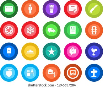 Round color solid flat icon set - no laptop vector, manager, garden knife, bird house, traffic light, mobile tracking, remote control, network, desk, mail, reception, cocktail, restaurant receipt