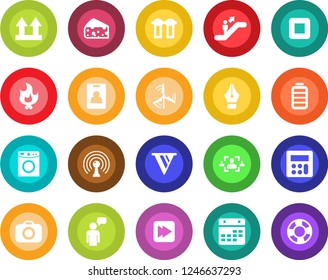 Round color solid flat icon set - escalator vector, speaking man, fire, up side sign, camera, antenna, battery, stop button, fast forward, calculator, calendar, identity card, hr, ink pen, windmill