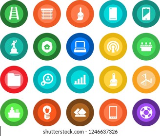 Round color solid flat icon set - pedestal vector, bulb, ladder, cell phone, mobile, back, themes, folder, bar graph, manager desk, meeting, notebook pc, windmill, estate insurance, serviette