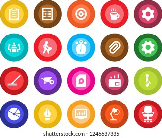 Round color solid flat icon set - alarm clock vector, rake, wheelbarrow, settings, clipboard, coffee, monitor statistics, paper clip, pie graph, document search, abacus, ink pen, desk lamp, target