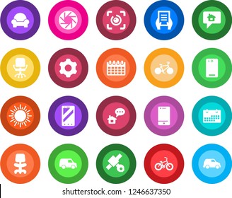 Round color solid flat icon set - sun vector, mobile phone, office chair, document, calendar, bike, satellite, cell, back, camera, settings, eye id, cushioned furniture, home message, car