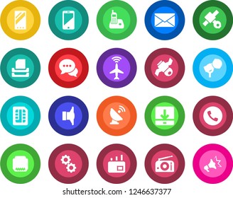 Round color solid flat icon set - plane radar vector, phone, mail, satellite, antenna, microphone, radio, speaker, cell, dialog, hdmi, mobile, sim, download, paper tray, gear, advertising