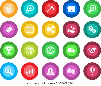 Round color solid flat icon set - alarm led vector, consumer search, arrow up graph, gear, handshake, clock, earth, money, investment, calendar, cash, case, car, social media, mail, award cup