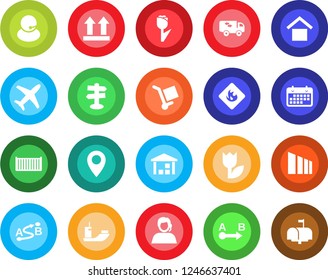 Round color solid flat icon set - signpost vector, pin, plane, support, sea shipping, cargo container, term, warehouse storage, up side sign, tulip, sorting, flammable, route, moving, mailbox