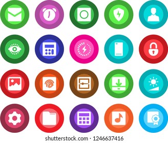 Round color solid flat icon set - phone back vector, gallery, protect, settings, user, calculator, alarm, mail, record, scanner, folder, download, brightness, lock, eye id, fingerprint, music