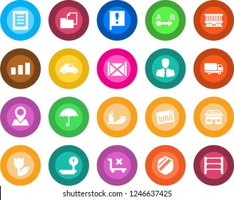 Round color solid flat icon set - pin vector, railroad, important flag, store, client, sea shipping, car delivery, container, clipboard, folder document, umbrella, no trolley, tulip, sorting, shield