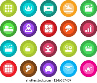 Round color solid flat icon set - fence vector, arrival, baggage conveyor, growth statistic, navigation, clapboard, menu, application, meeting, cushioned furniture, flower in pot, waiter, irrigation