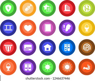 Round color solid flat icon set - sun vector, office building, book, pennant, heart, syringe, term, film frame, network, favorites list, protect, fingerprint id, copybook, smart home, egg stand