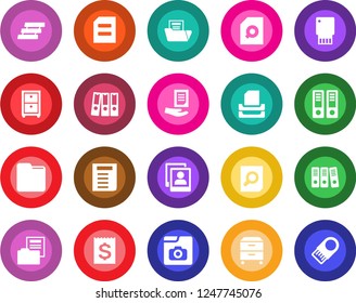 Round color solid flat icon set - office binder vector, document search, receipt, folder, photo gallery, paper, tray, archive box, usb flash