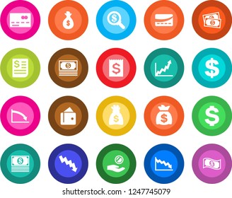 Round color solid flat icon set - credit card vector, dollar sign, money bag, crisis graph, cash, receipt, wallet, growth, search, investment