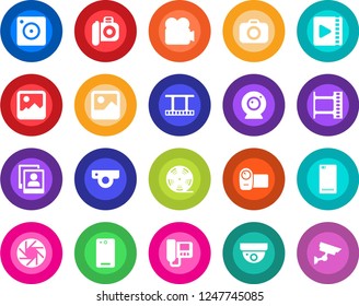 Round color solid flat icon set - film frame vector, reel, camera, video, phone back, mobile, gallery, photo, web, intercome, surveillance
